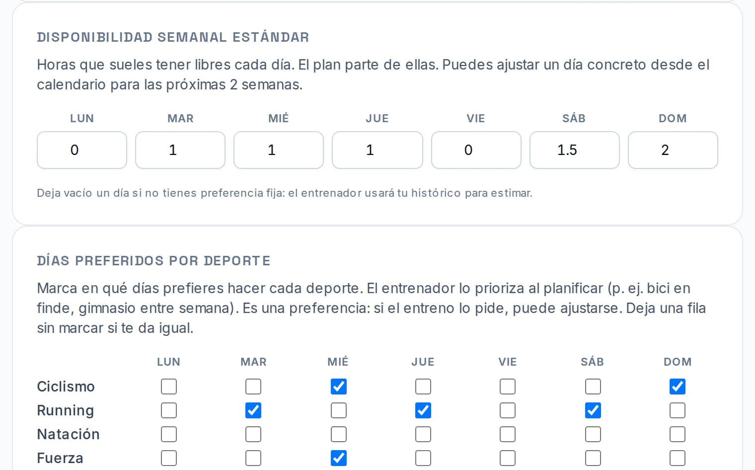 Agenda semanal real: lunes y viernes a cero horas, una hora martes, miércoles y jueves, hora y media el sábado y dos el domingo, con running el martes, jueves y sábado, bici el miércoles y el domingo y fuerza el miércoles