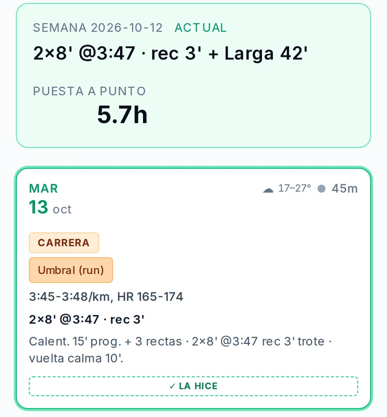 Plan en el móvil: la semana actual con 2×8' a 3:47 y tirada de 42', y el martes con umbral a 3:45-3:48/km ya hecho